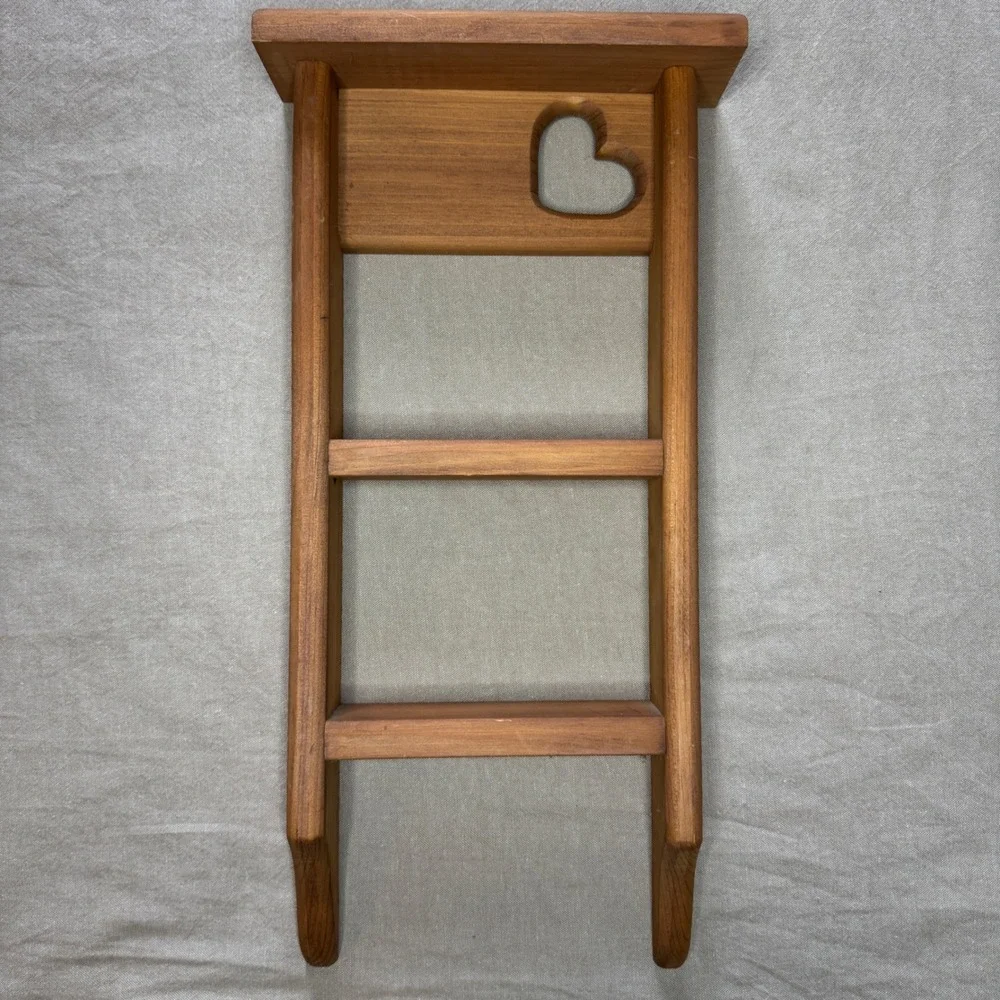CottageCore Wooden Wall Shelf Heart Cutout Ladder Display Rack Vintage